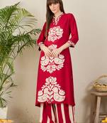 Maroon embroidered viscose rayon kurta trouser set