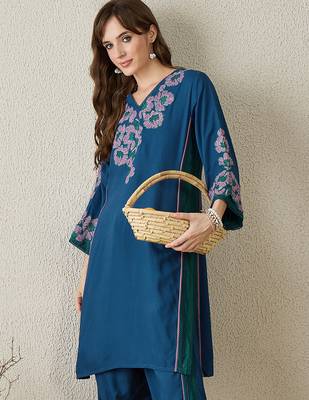 Teal embroidered viscose rayon kurta trouser set 1