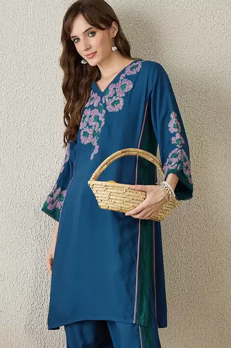 Teal embroidered viscose rayon kurta trouser set