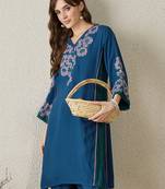Teal embroidered viscose rayon kurta trouser set