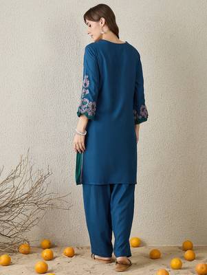 Teal embroidered viscose rayon kurta trouser set 2