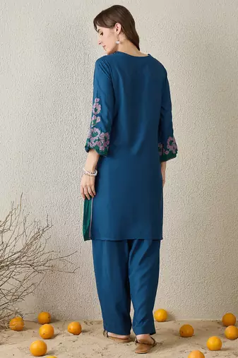Teal embroidered viscose rayon kurta trouser set