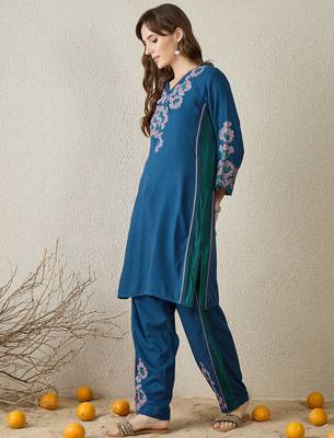 Teal embroidered viscose rayon kurta trouser set 3