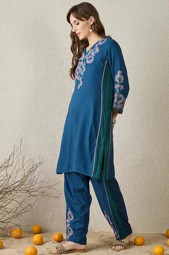 Teal embroidered viscose rayon kurta trouser set