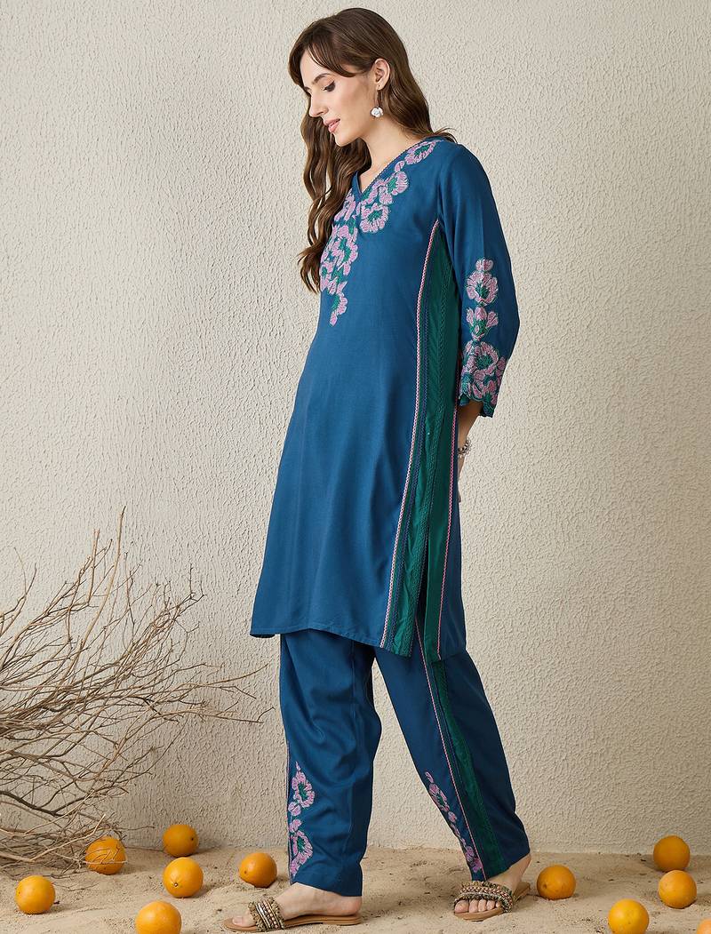 Teal embroidered viscose rayon kurta trouser set