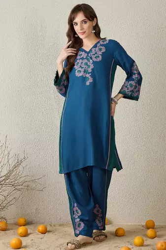 Teal embroidered viscose rayon kurta trouser set