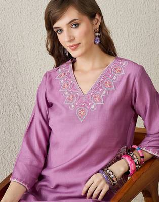 Lavender embroidered cotton kurta trouser set 1