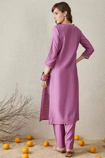 Lavender embroidered cotton kurta trouser set