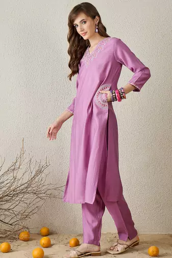 Lavender embroidered cotton kurta trouser set