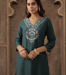 Teal embroidered silk kurta trouser set