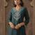 Teal embroidered silk kurta trouser set