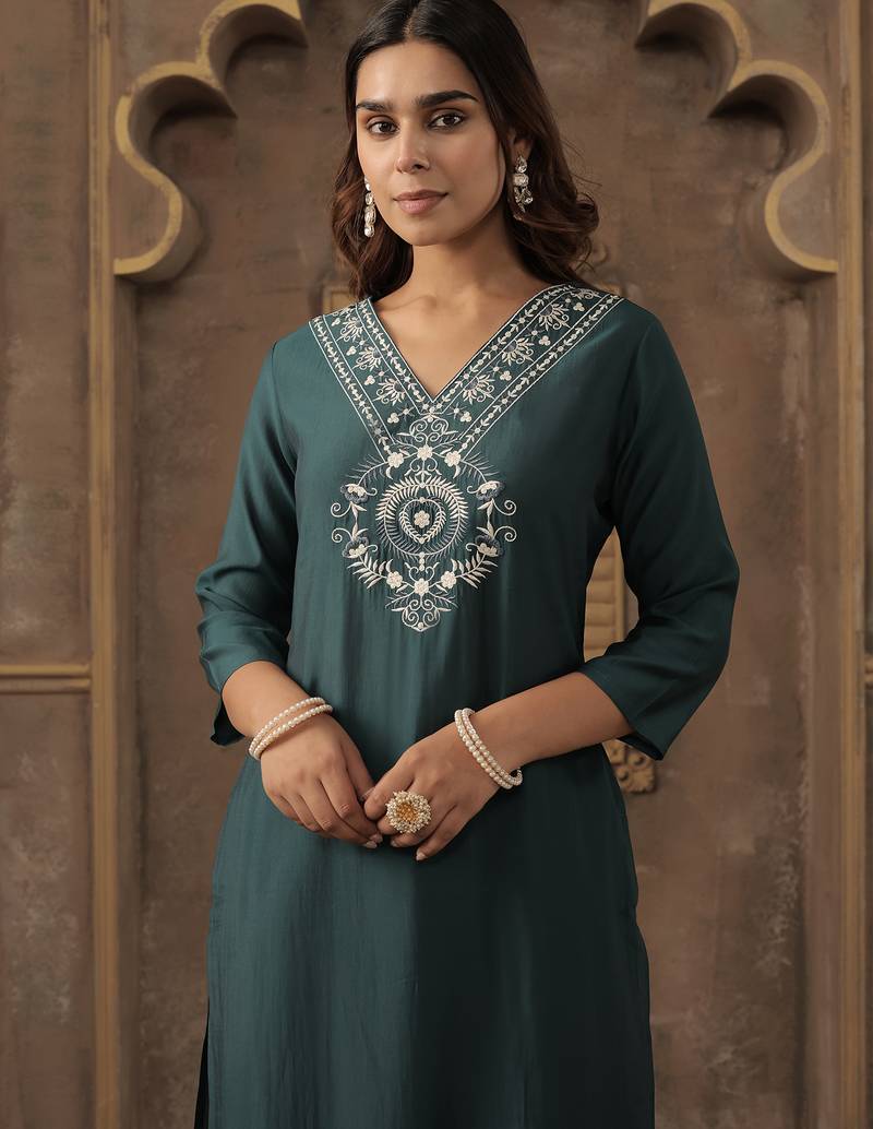 Teal embroidered silk kurta trouser set