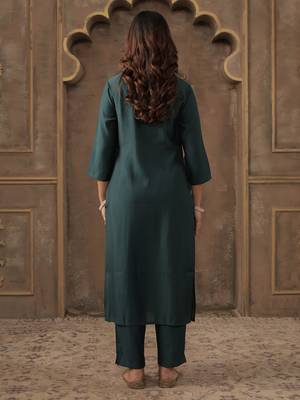 Teal embroidered silk kurta trouser set 3