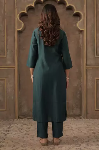 Teal embroidered silk kurta trouser set