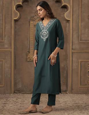 Teal embroidered silk kurta trouser set 1