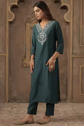 Teal embroidered silk kurta trouser set