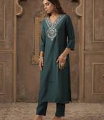 Teal embroidered silk kurta trouser set