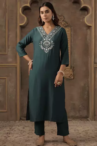 Teal embroidered silk kurta trouser set