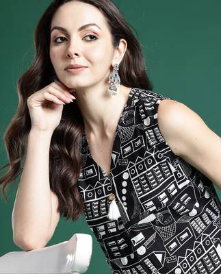 Black printed cotton kurta trouser set 1
