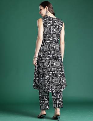 Black printed cotton kurta trouser set 2