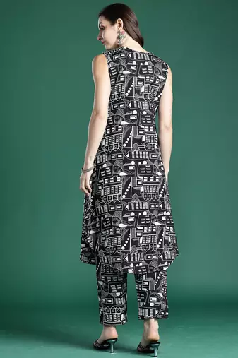 Black printed cotton kurta trouser set
