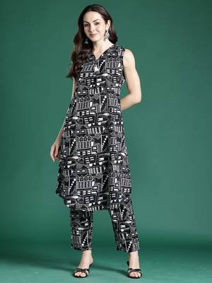 Black printed cotton kurta trouser set 4