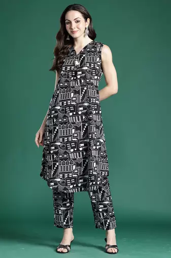 Black printed cotton kurta trouser set