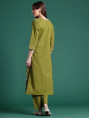 Green embroidered cotton kurta trouser set 2