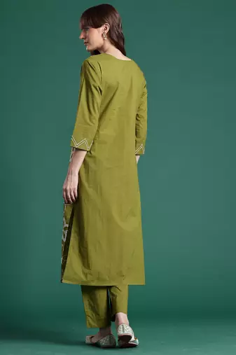 Green embroidered cotton kurta trouser set
