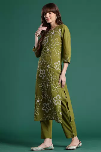 Green embroidered cotton kurta trouser set