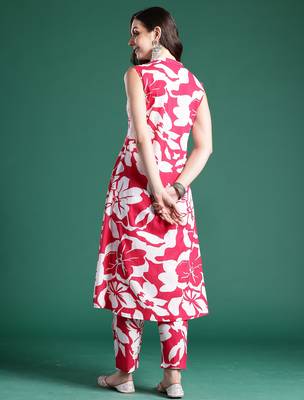 Pink printed cotton kurta trouser set 2