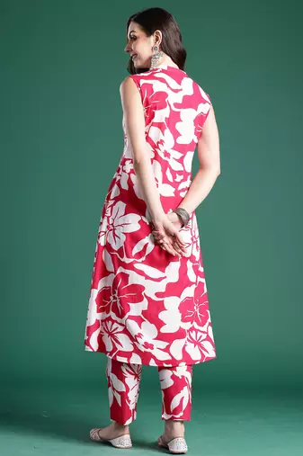 Pink printed cotton kurta trouser set