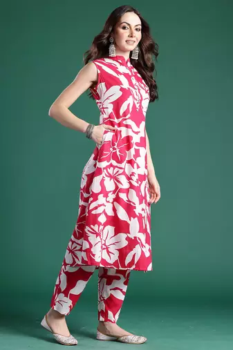 Pink printed cotton kurta trouser set