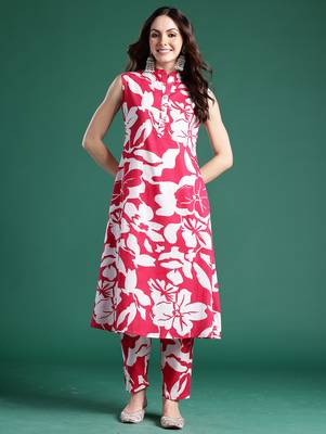 Pink printed cotton kurta trouser set 4