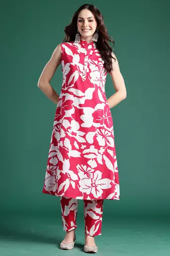 Pink printed cotton kurta trouser set