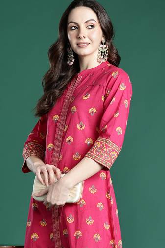 Pink printed cotton kurta trouser set