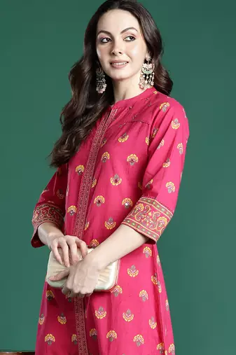 Pink printed cotton kurta trouser set