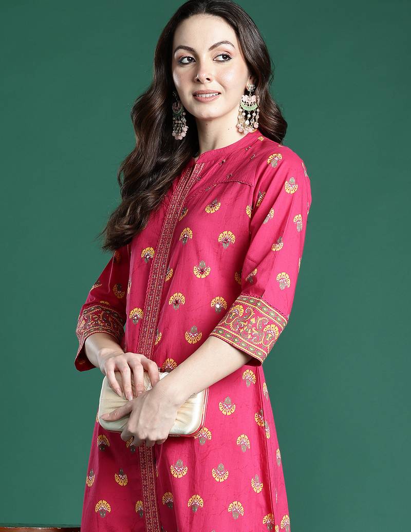 Pink printed cotton kurta trouser set