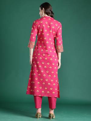 Pink printed cotton kurta trouser set 2