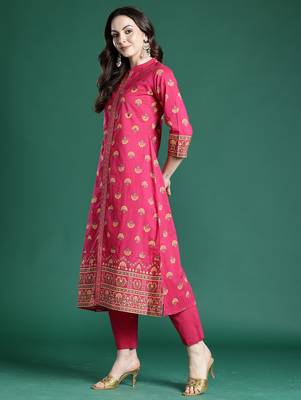 Pink printed cotton kurta trouser set 3