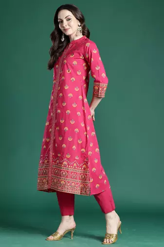 Pink printed cotton kurta trouser set