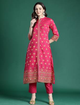 Pink printed cotton kurta trouser set 4