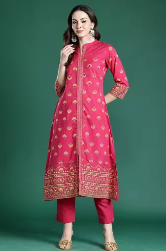 Pink printed cotton kurta trouser set