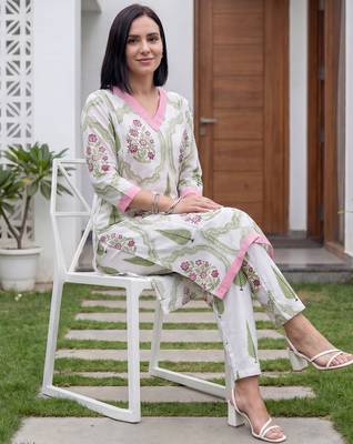 White printed cotton kurta trouser set 1