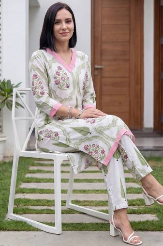 White printed cotton kurta trouser set