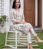 White printed cotton kurta trouser set