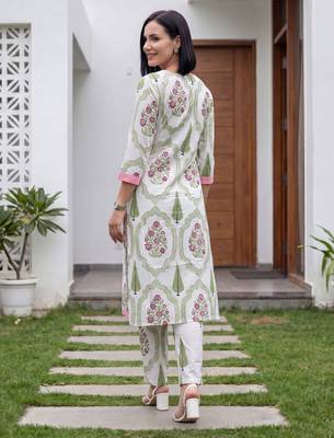 White printed cotton kurta trouser set 2