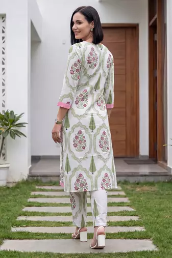 White printed cotton kurta trouser set
