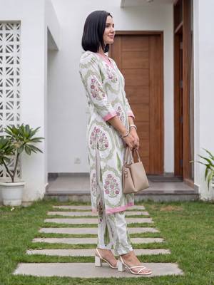 White printed cotton kurta trouser set 3
