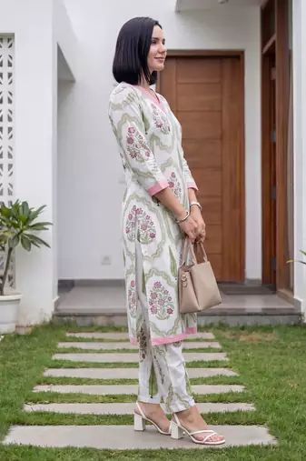 White printed cotton kurta trouser set